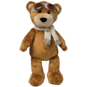 Plush teddy bear wearing aviator goggles and scarf, barnstorming pilot theme