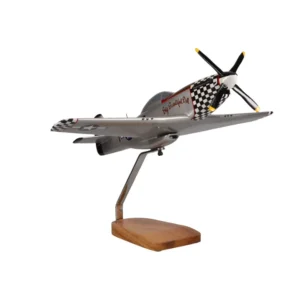 Handcrafted mahogany model of the P-51D Mustang "Big Beautiful Doll" on wooden display stand