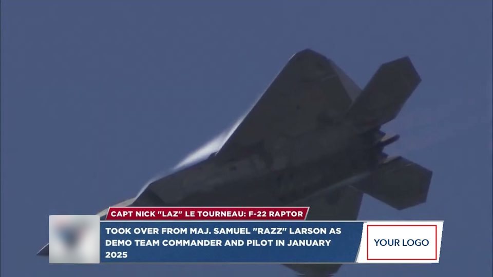 F-22 Raptor in flight with a branded performer lower-third graphic